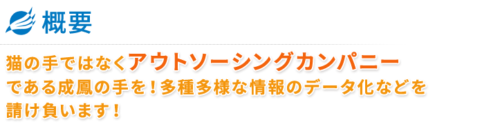 ■概要
猫の手ではなくアウトソーシングカンパニーである成鳳の手を！多種多様な情報のデータ化などを請け負います！